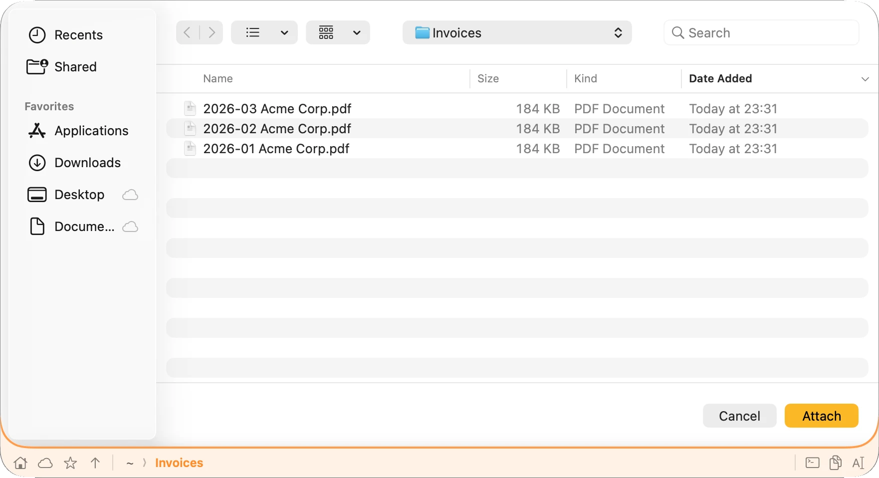 Another app's Attach dialog listing three invoice PDFs, with Floating Finder's address bar running along the bottom edge: home, iCloud Drive, bookmark and up buttons, then the breadcrumbs ~ › Invoices.