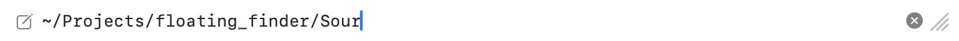 The same bar after clicking it: the breadcrumbs have become a text field with ~/Projects/floating_finder/Sour typed into it and the cursor still in place.