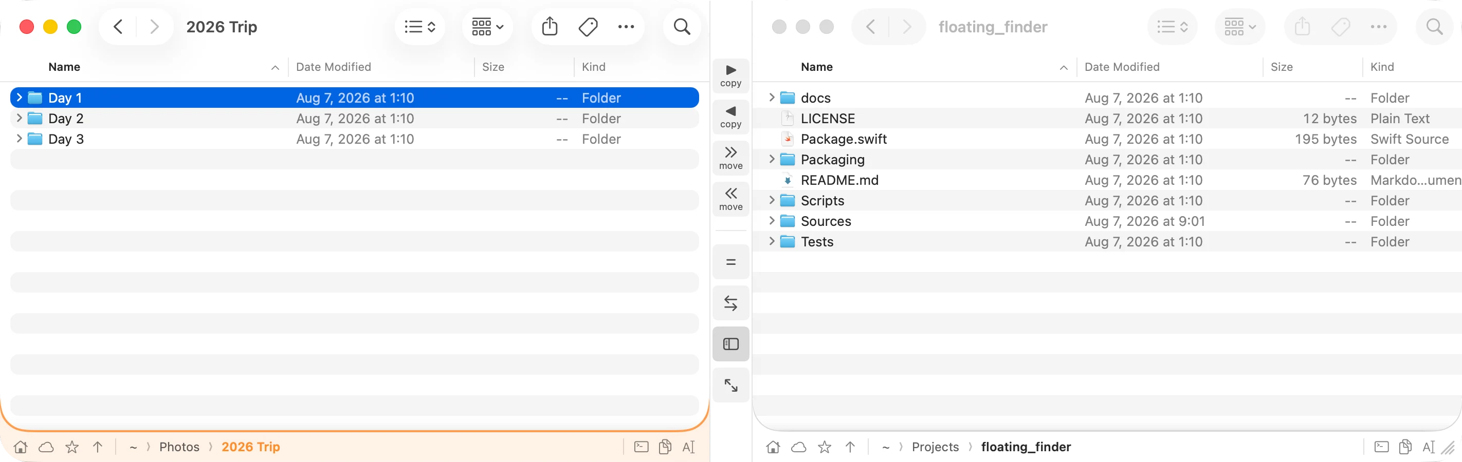 Two Finder windows tiled side by side with a control strip of copy and move buttons between them. The left window is active and its address bar is highlighted; the right one is dimmed.
